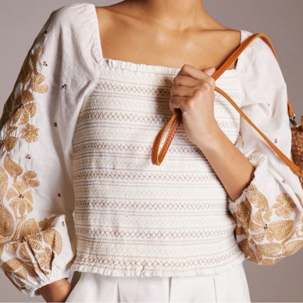 Anthropologie White Smocked Square-Neck Blouse with Tan Embroidered Sleeves